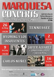 Tennessee, Wyoming y Los Insolventes, Javier Álvarez + Jonathan Pocoví + Javier Puig i Carlos Núñez, en el cicle Marquesa Concerts 1 Cartell Marquesa Concerts 2018