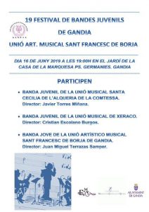 La Unió Artístic-Musical Sant Francesc de Borja organitza el XIX Festival de bandes Juvenils de Gandia 1 19 FESTIVAL DE BANDES JUVENILS CARTEL page 0001