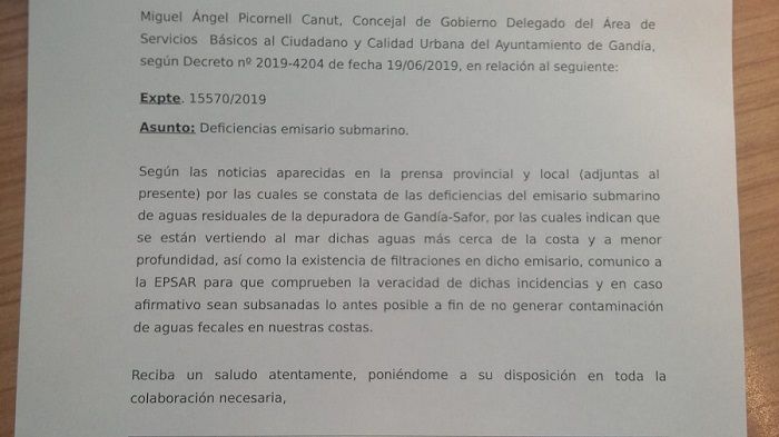 L'Ajuntament de Gandia ha remés escrit a l'EPSAR per la possible fuita a l'emissari submarí 1 carta