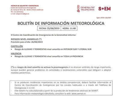 El Centre de Coordinació d'Emergències de la Generalitat dona avís per risc de pluges i tempestes en la província de València 1 Dana 1
