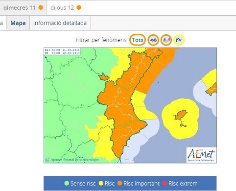 L'alerta taronja per pluges s'espera per a les sis de la matinada del dimecres segons les prediccions de AEMET 1 AEMET DANA