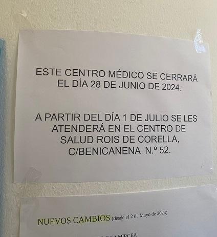 El govern de Mazón confirma el tancament dels consultoris de Beniopa i Benipeixcar 1 Cartell tancament consultori medic de Beniopa