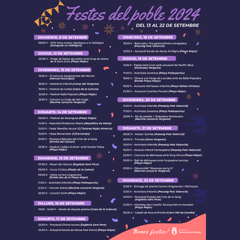 Tavernes de la Valldigna presenta la progamació de les Festes del Poble 2024 1 Programacio festes