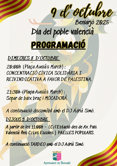 Beniarjó viurà un 9 d’Octubre festiu, reivindicatiu i solidari amb Palestina 1 PROGRAMACIO 9 DOCTUBRE