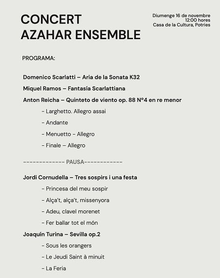 Azahar Ensemble: Prestigi Europeu al Cicle de Cambra de Potries 1 Potries programa concert Azahar Ensemble